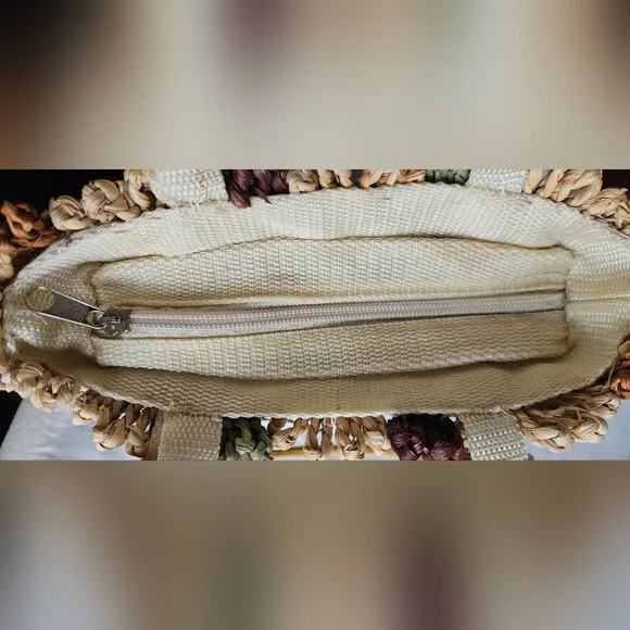 Vintage Woven Floral Straw Handbag with Wooden Handles - Picture 4 of 10